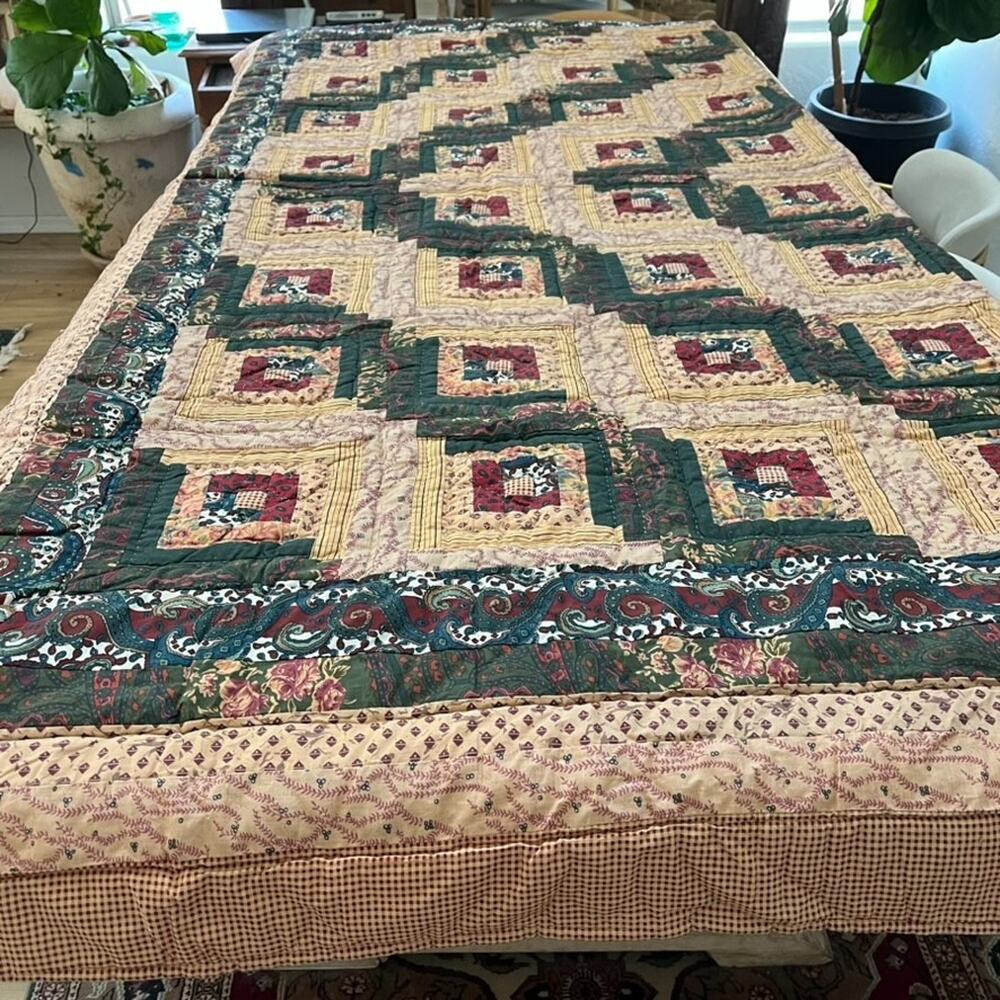 Vintage Pem-America Muted Quilt 90" x 100" 2 Pillow Shams Geometric Patchwork